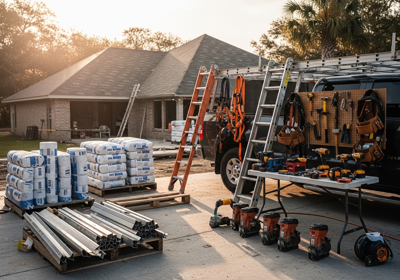 Roofing crew with tools and equipment on job site, ready for roof installation or inspection work.