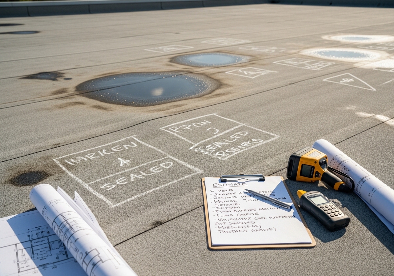 Commercial flat roof inspection showing membrane damage and ponding water areas