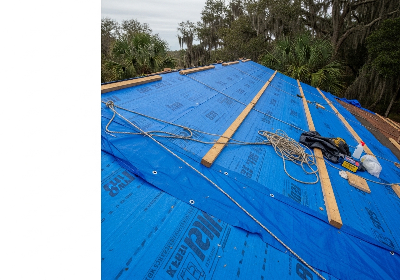 Emergency tarping installed on storm-damaged roof section in St. Marks