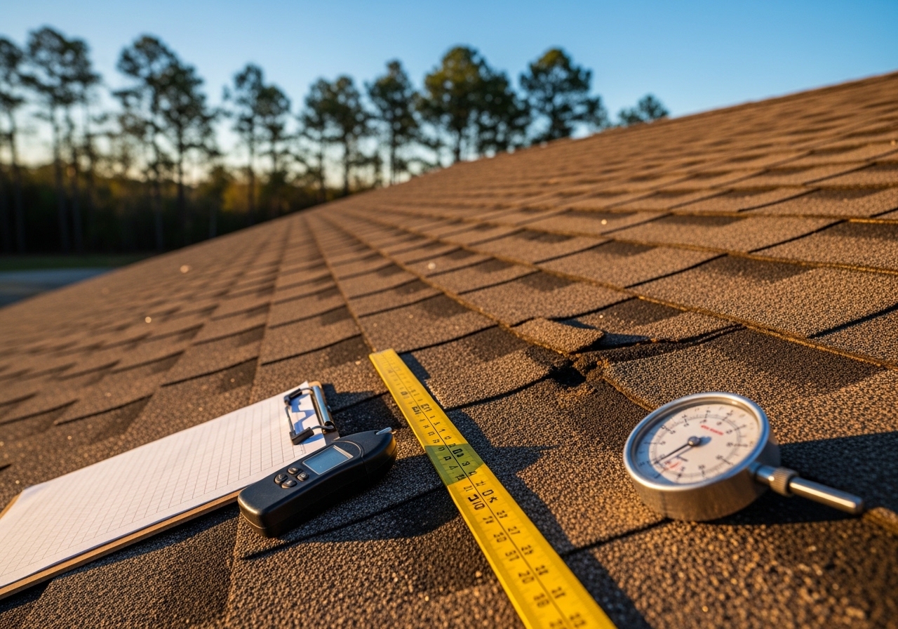Close-up documentation of hail damage on asphalt shingles in Monticello