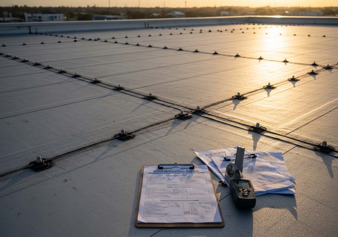 Aerial view of commercial flat roof inspection in Panama City with measurement tools visible