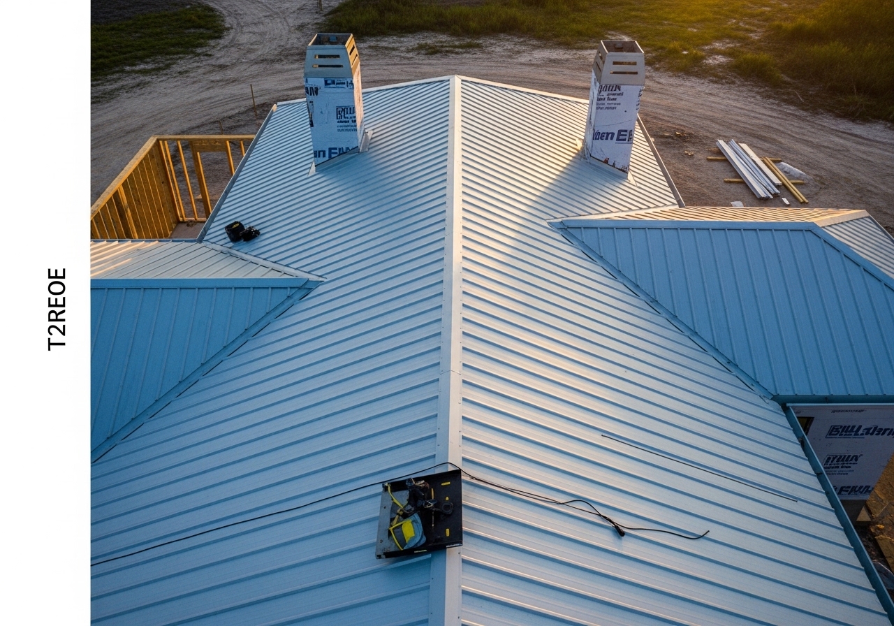 Standing-seam metal roof on new custom home in St. George with ridge vents and flashing