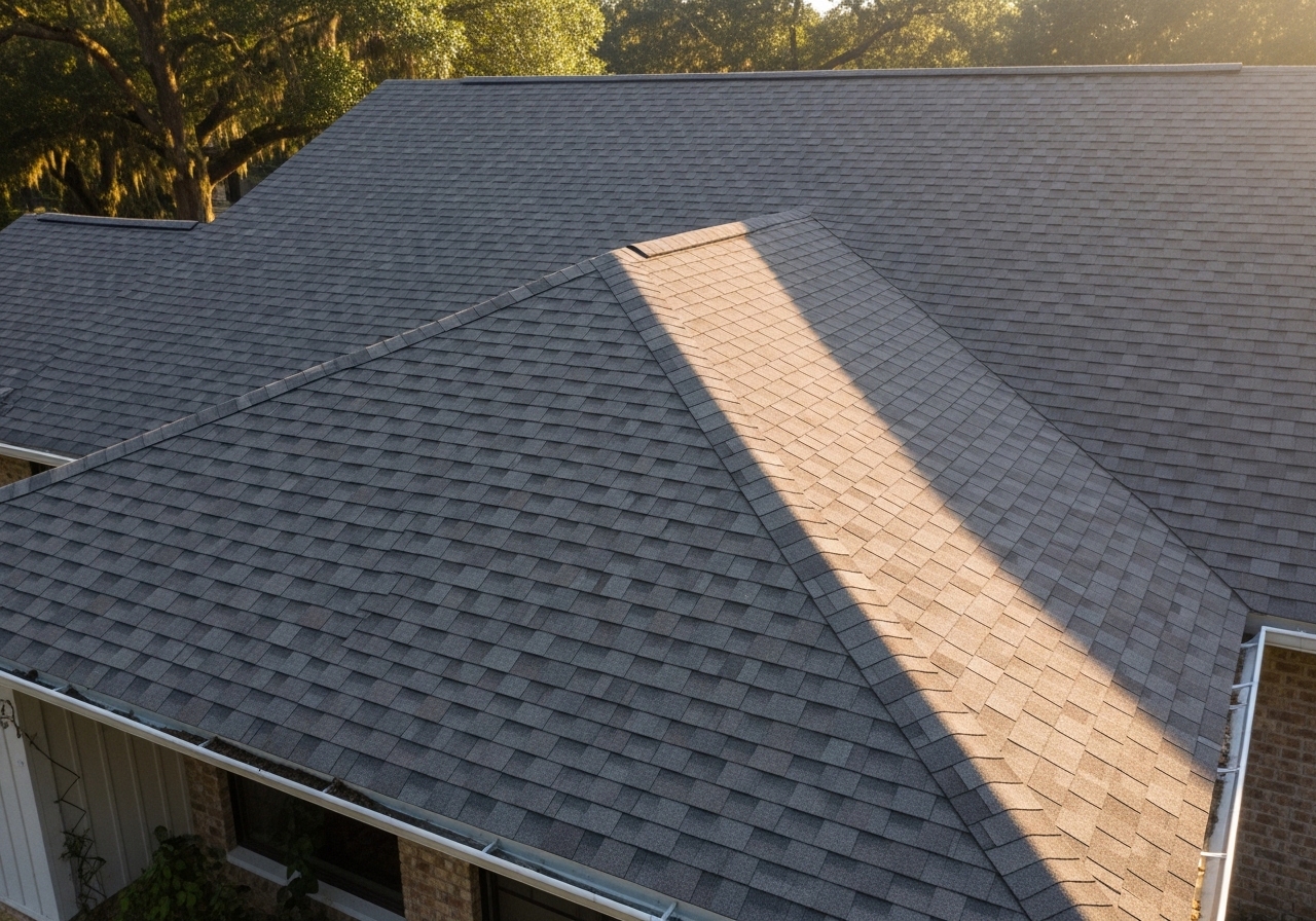 Completed architectural shingle roof on ranch home in Tallahassee with new gutters installed