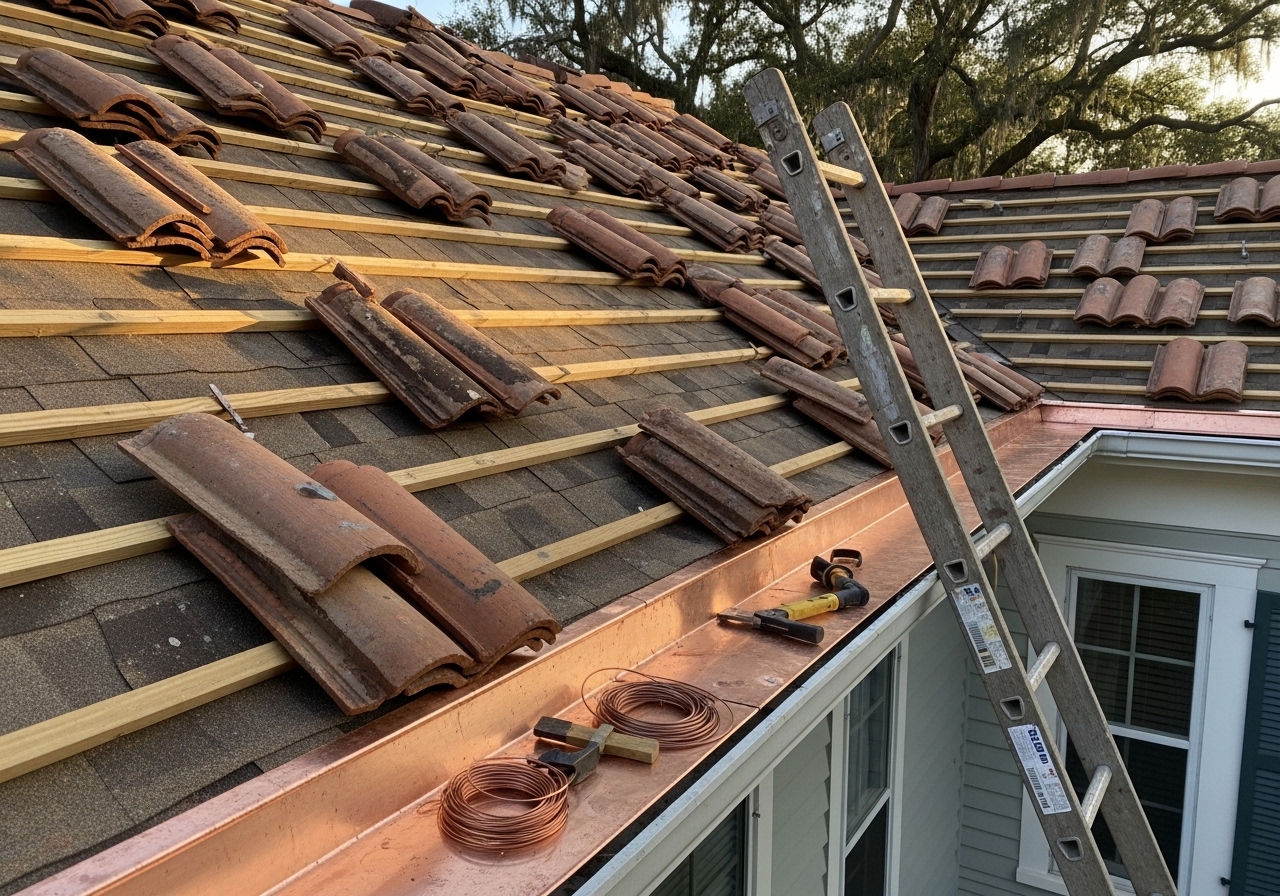 Spanish tile roof repair on historic home in Tallahassee with matching reclaimed tiles